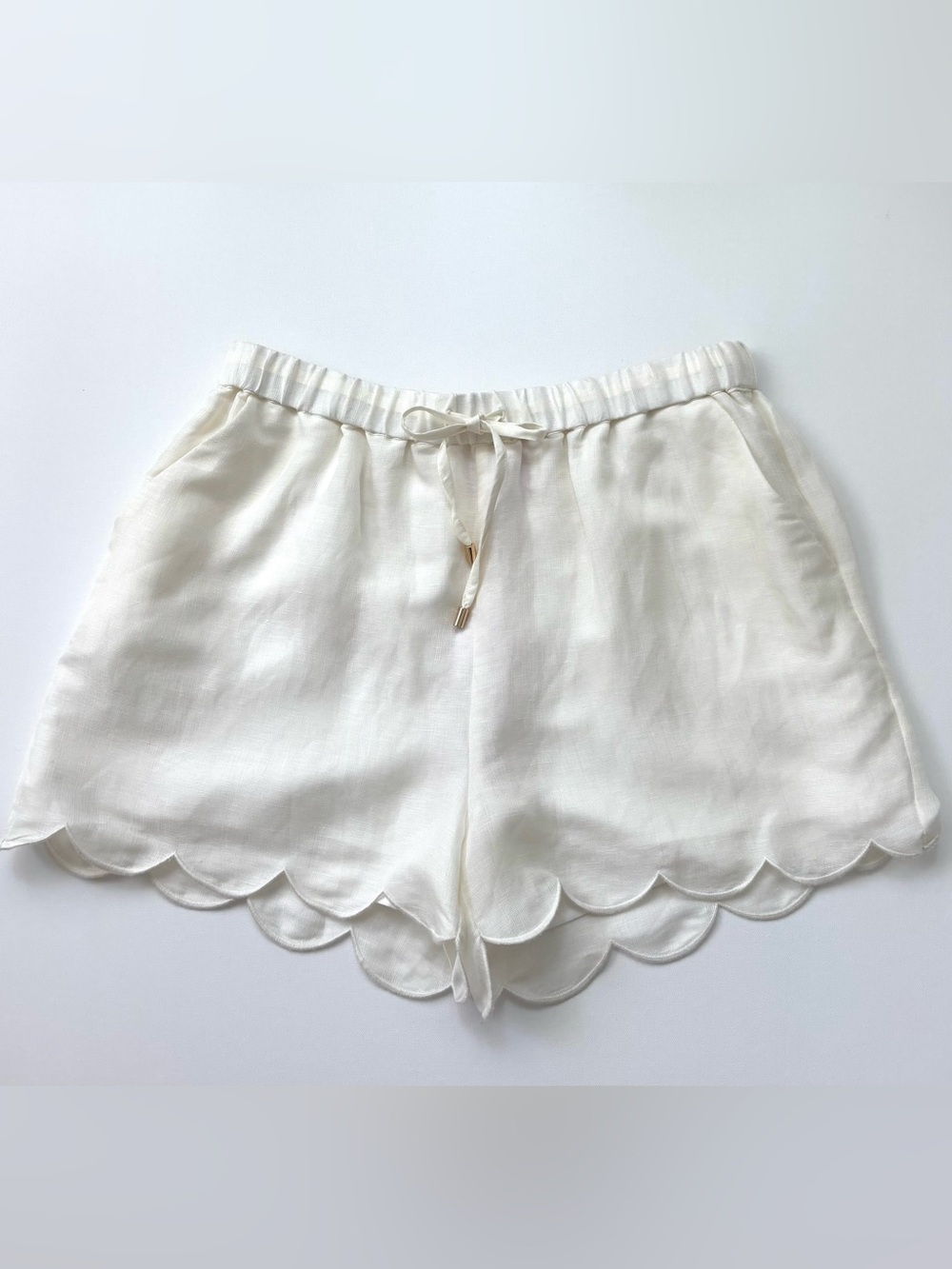Mary George Kate Shorts NWT White Scalloped Elastic-Waist Silk & Linen Blend L